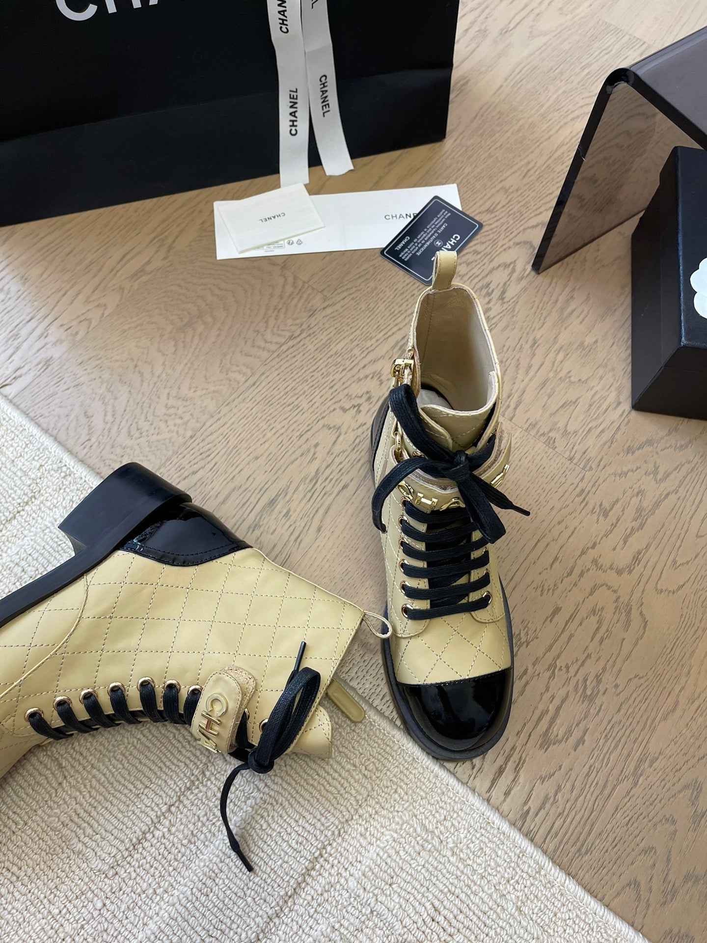 CHANEL ALPHABET MARTIN BOOTS IN FLAX YELLOW LAMBSKIN