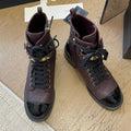 CHANEL ALPHABET MARTIN BOOTS IN BRUNETTE BROWN MIX BLACK LAMBSKIN