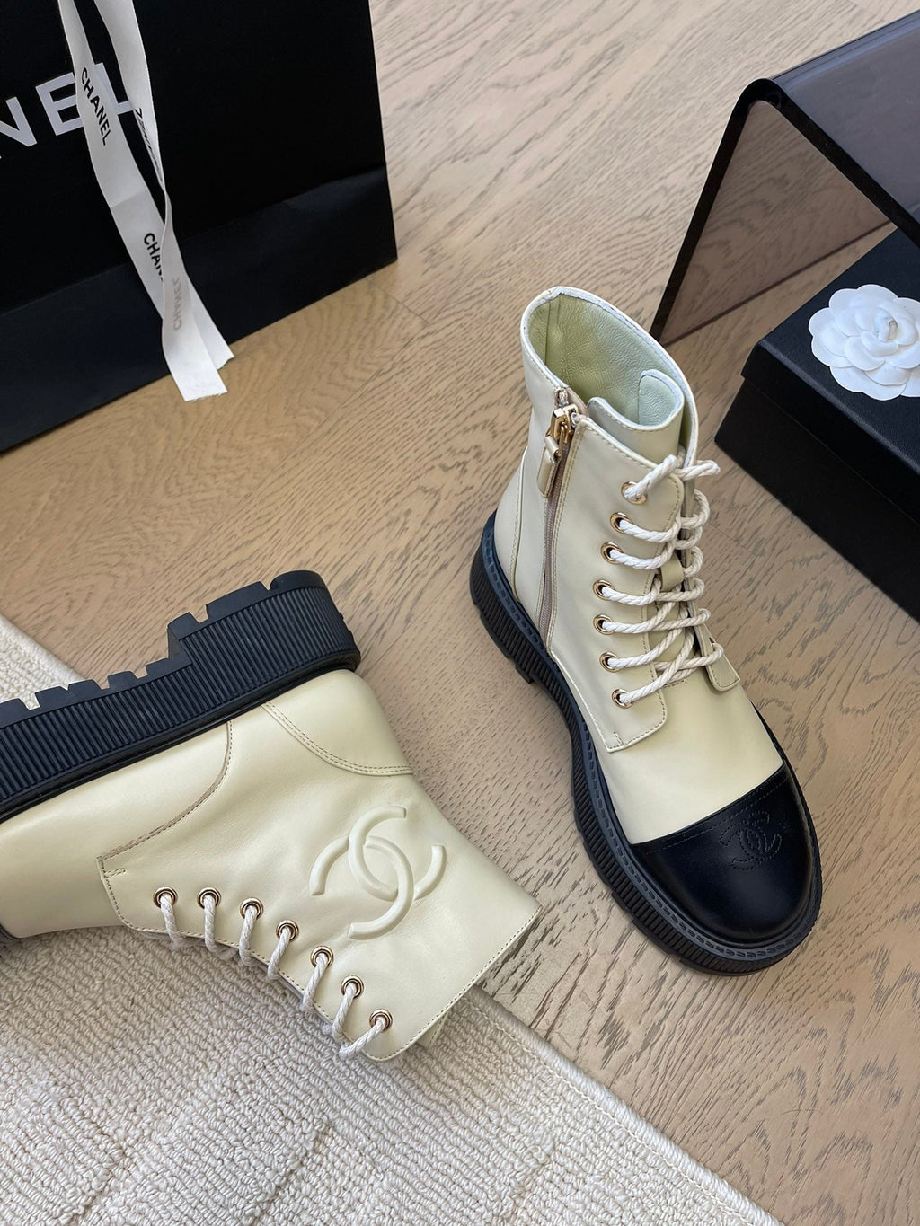 CHANEL ANKLE BOOTS IN PEARL GRAY MIX BLACK CALFSKIN