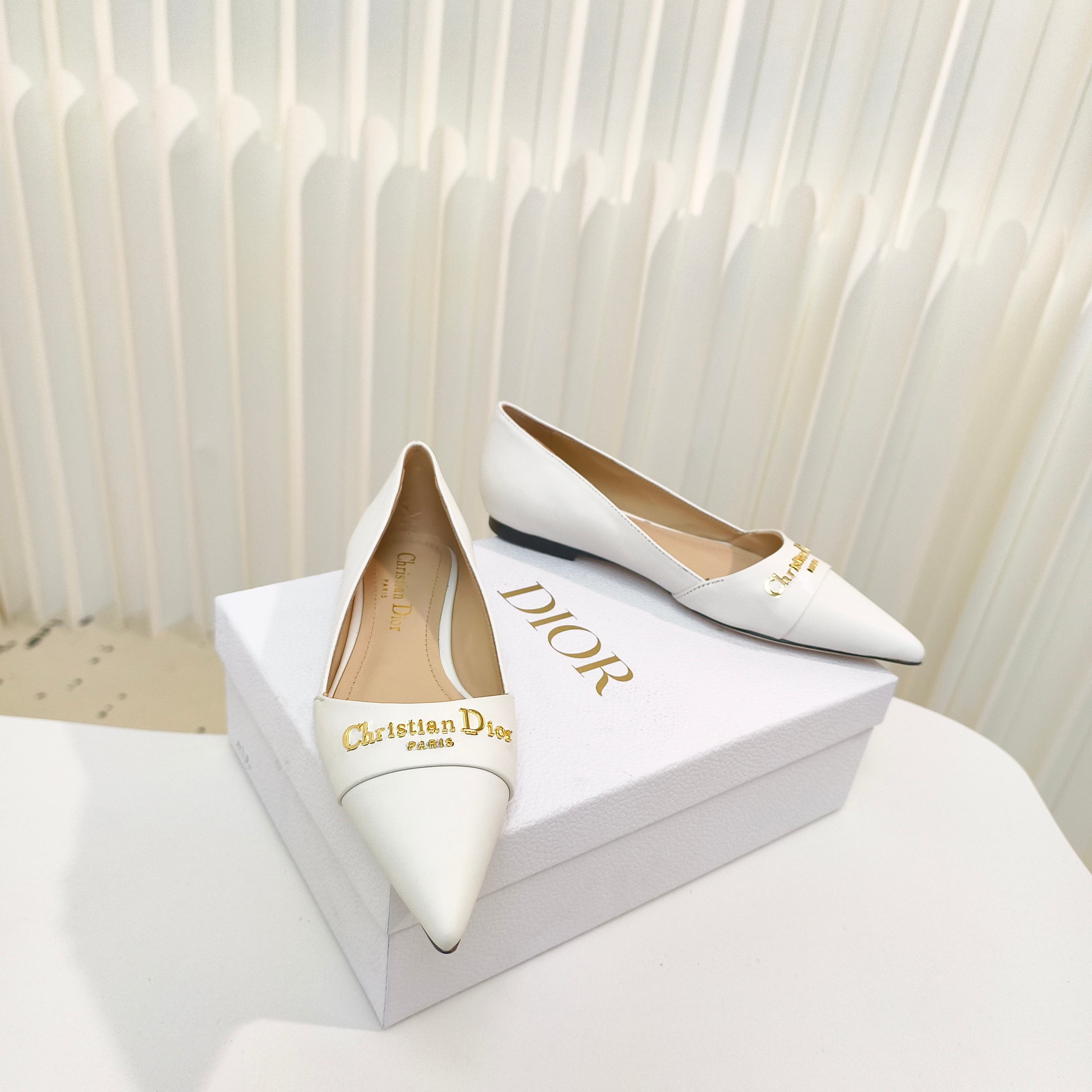 DIOR POINTED BALLET FLATS 25S IN WHITE CALFSKIN WITH GOLD HARDWARE