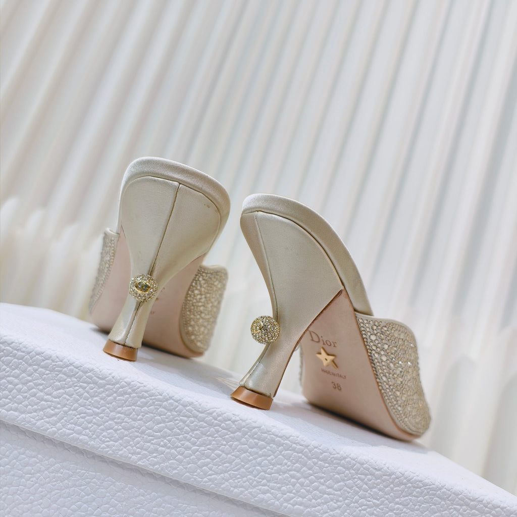 DIOR EMBELLISHED HIGH HEEL SLIDES 25S IN LIGHT BEIGE SATIN AND CALFSKIN