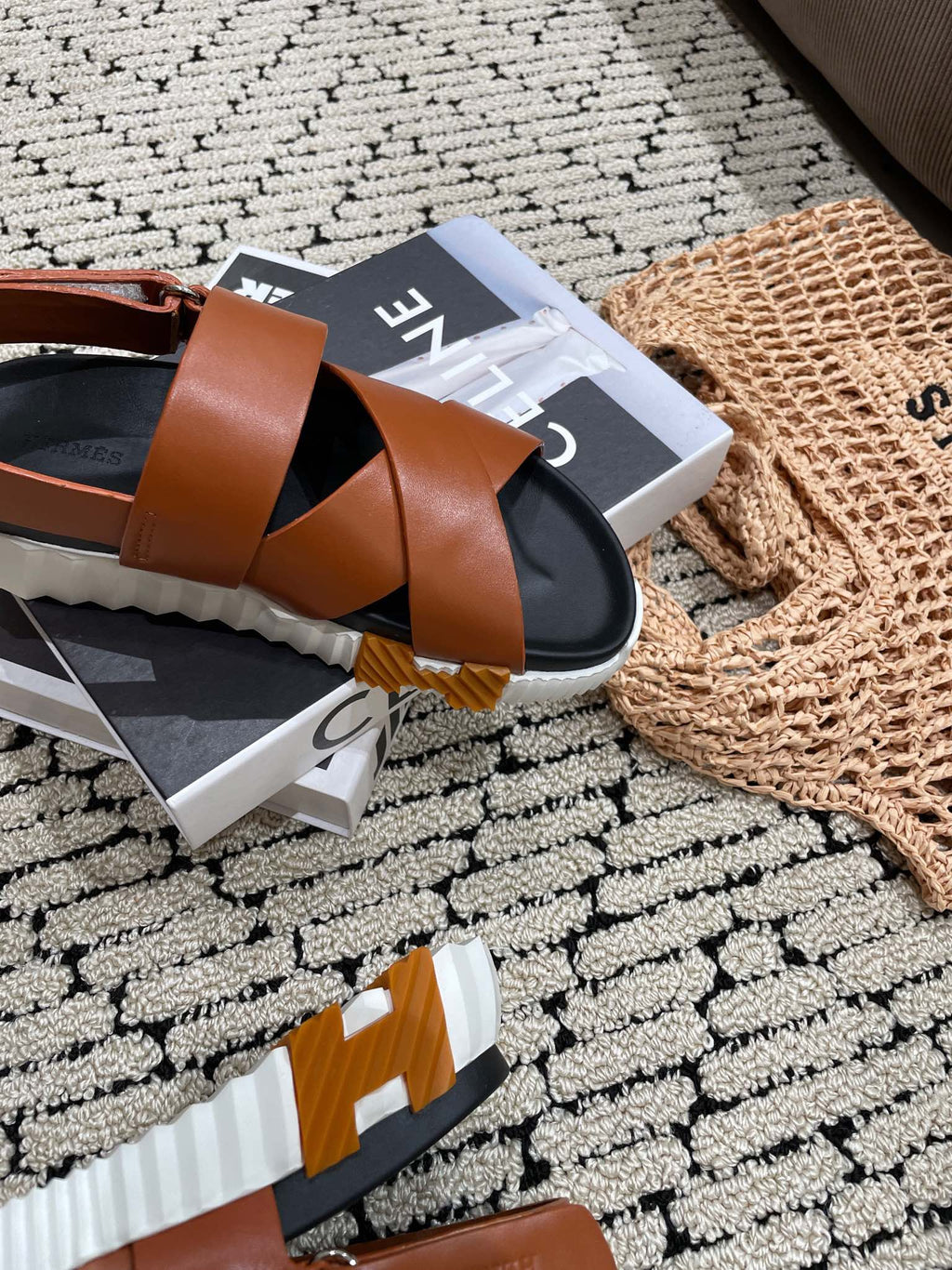 HERMES ELECTRIC SANDAL BLACK MIX CARAMEL CALFSKIN