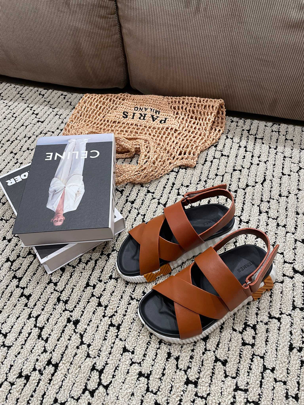 HERMES ELECTRIC SANDAL BLACK MIX CARAMEL CALFSKIN