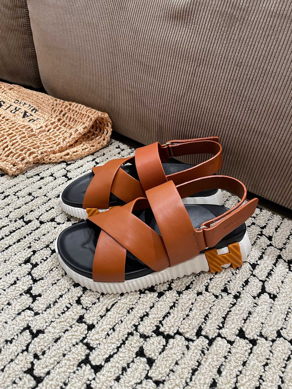 HERMES ELECTRIC SANDAL BLACK MIX CARAMEL CALFSKIN