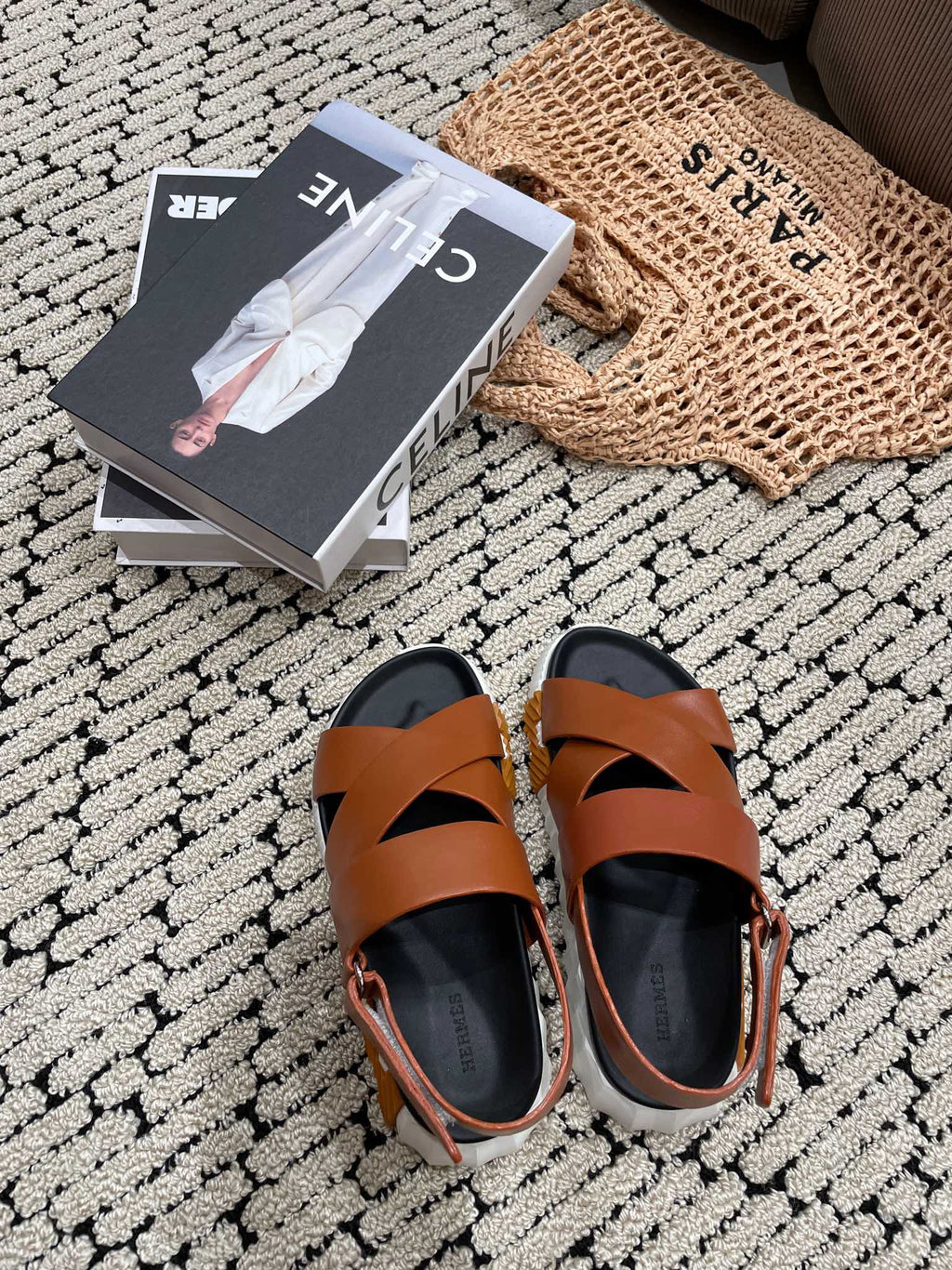 HERMES ELECTRIC SANDAL BLACK MIX CARAMEL CALFSKIN