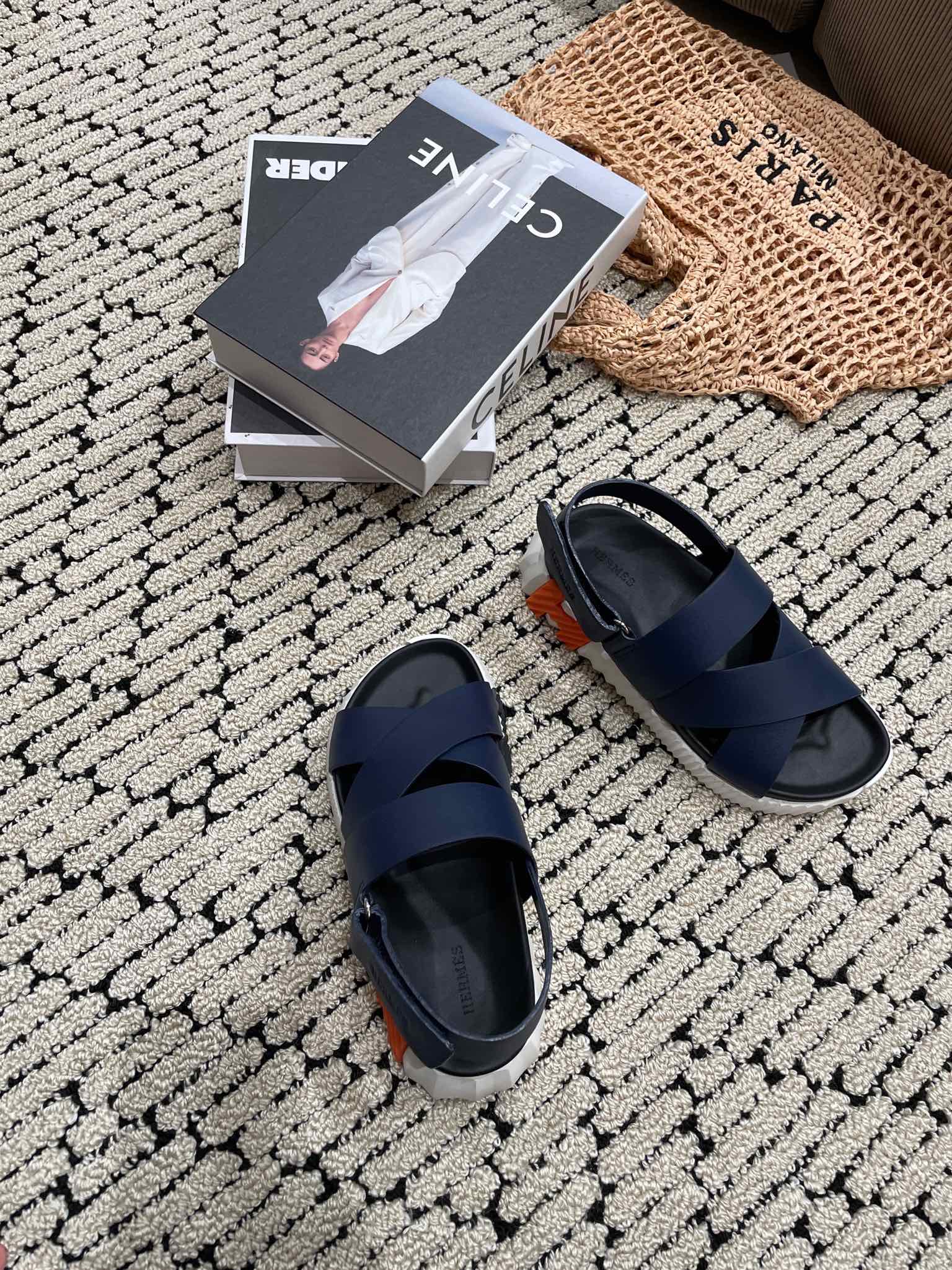 HERMES ELECTRIC SANDAL BLACK MIX NAVY CALFSKIN