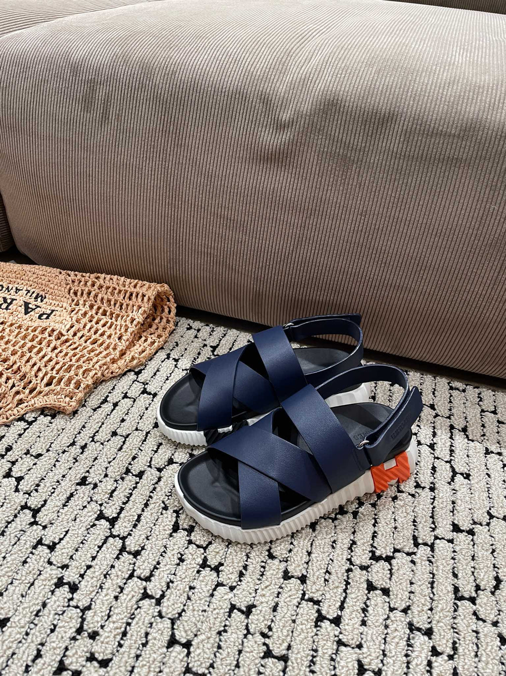 HERMES ELECTRIC SANDAL BLACK MIX NAVY CALFSKIN