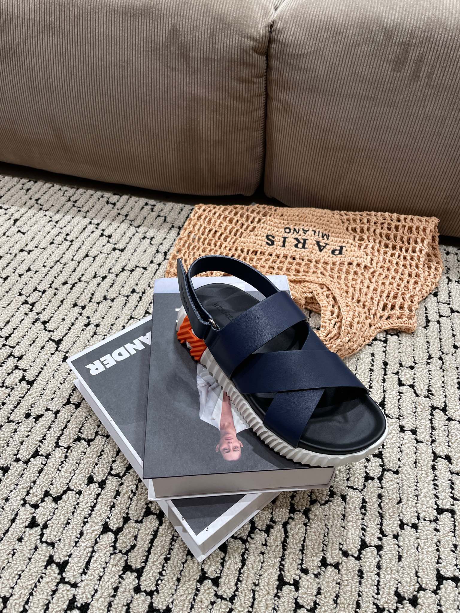 HERMES ELECTRIC SANDAL BLACK MIX NAVY CALFSKIN