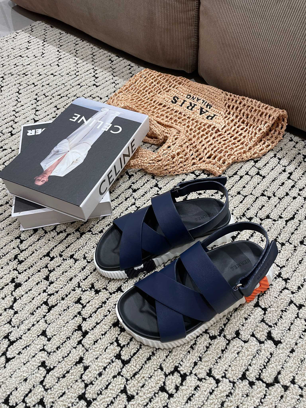 HERMES ELECTRIC SANDAL BLACK MIX NAVY CALFSKIN