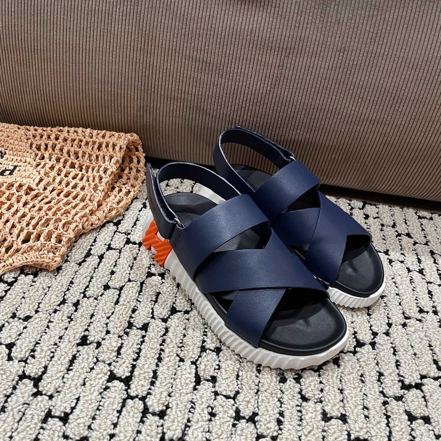 HERMES ELECTRIC SANDAL BLACK MIX NAVY CALFSKIN