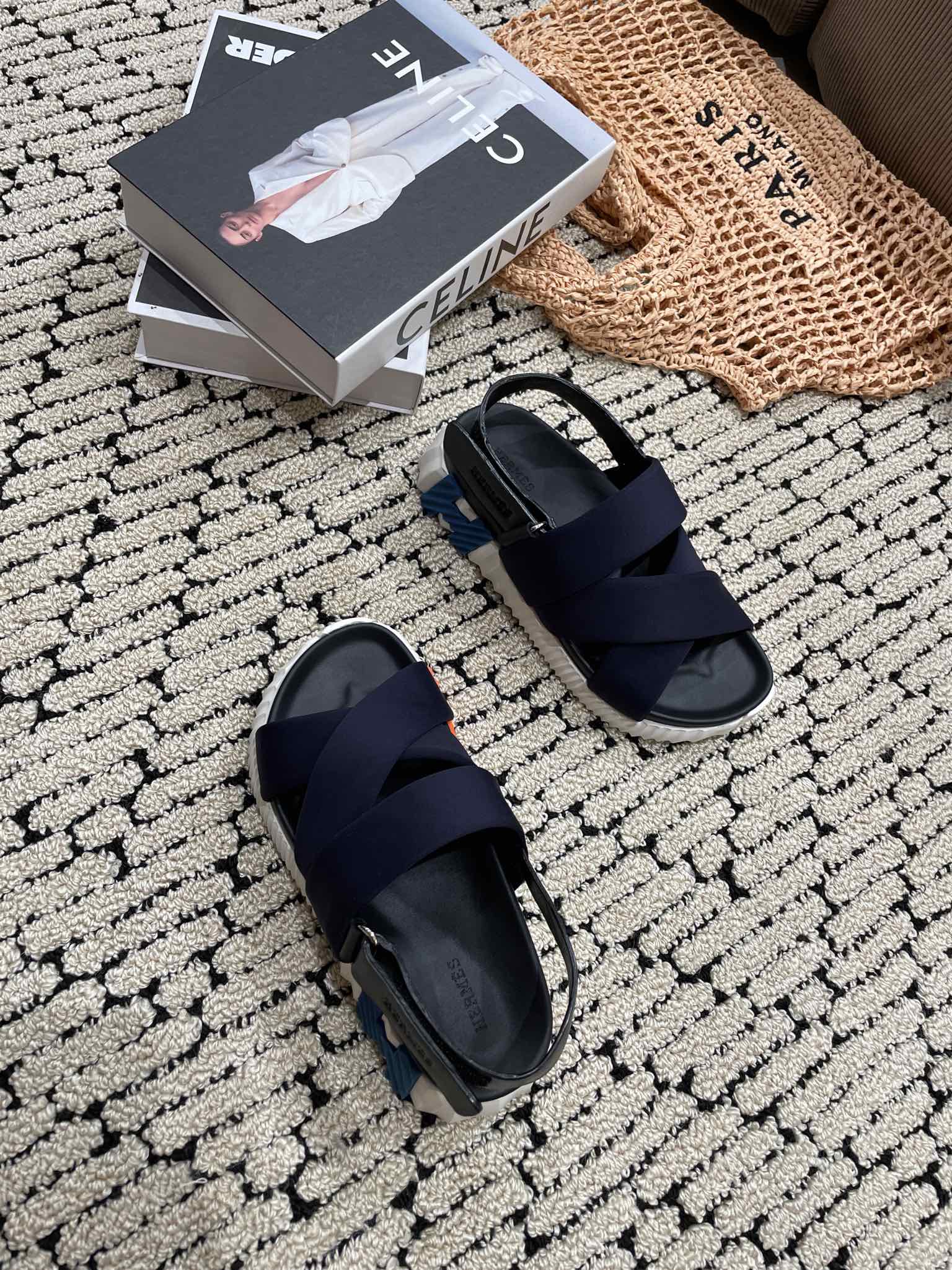 HERMES ELECTRIC SANDAL BLACK MIX CHARCOAL BLACK CALFSKIN