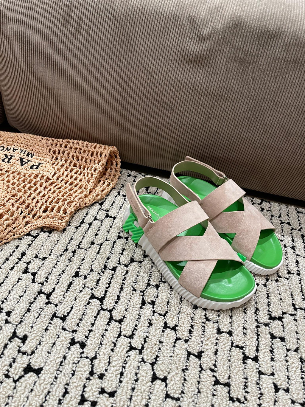 HERMES ELECTRIC SANDAL GREEN MIX LIGHT GRAY SUEDE