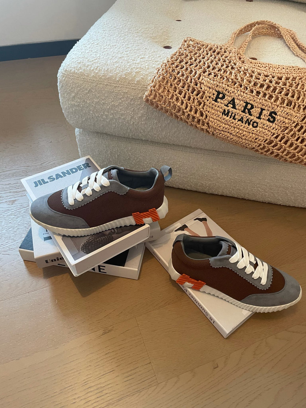 HERMES BOUNCING SNEAKERS GRAY MIX BROWN CALFSKIN