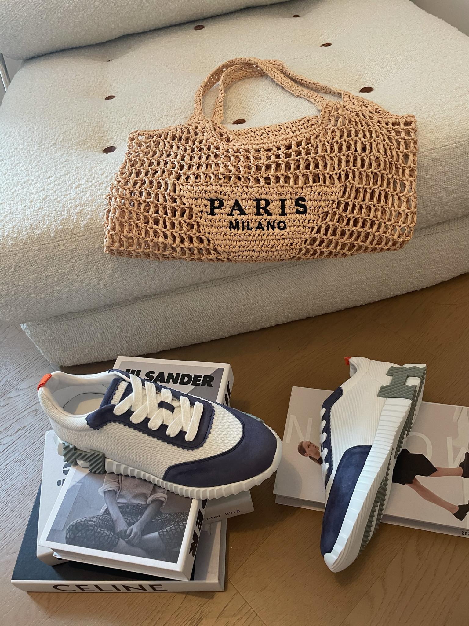 HERMES BOUNCING SNEAKERS LIGHT GRAY MIX NAVY CALFSKIN