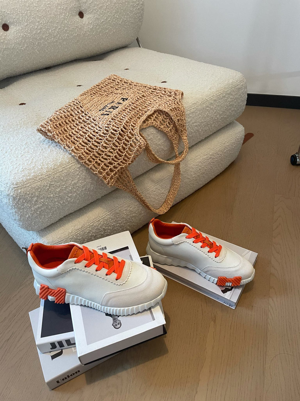 HERMES BOUNCING SNEAKERS WHITE CALFSKIN WITH ORANGE LACES
