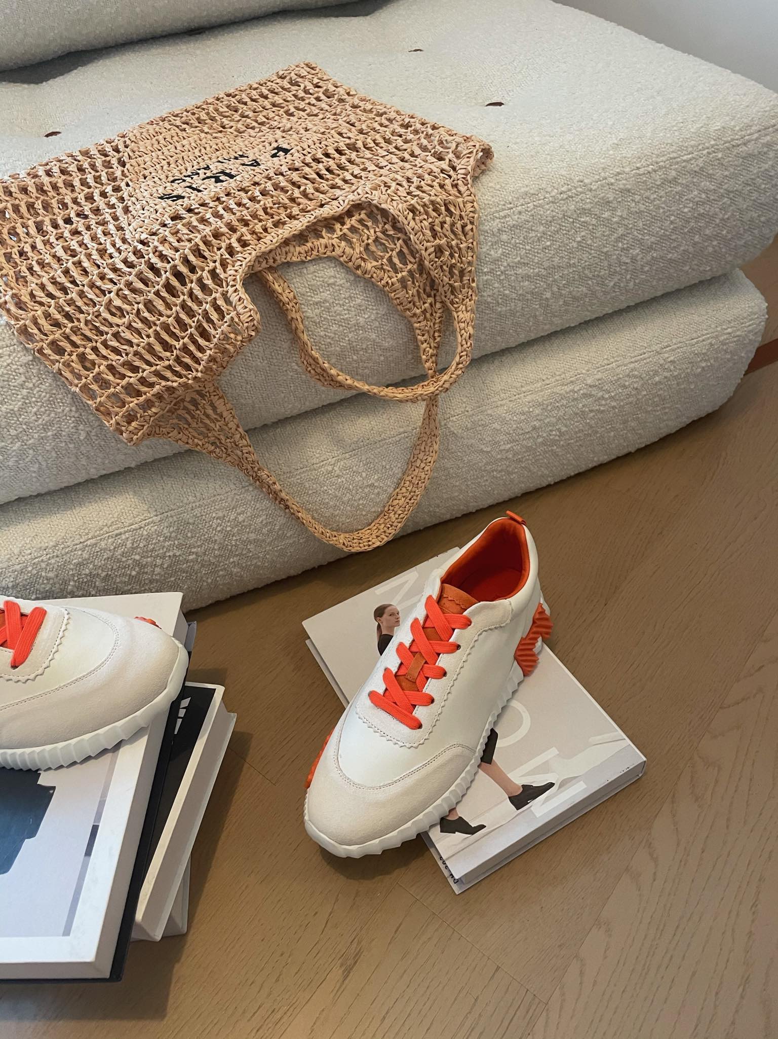 HERMES BOUNCING SNEAKERS WHITE CALFSKIN WITH ORANGE LACES