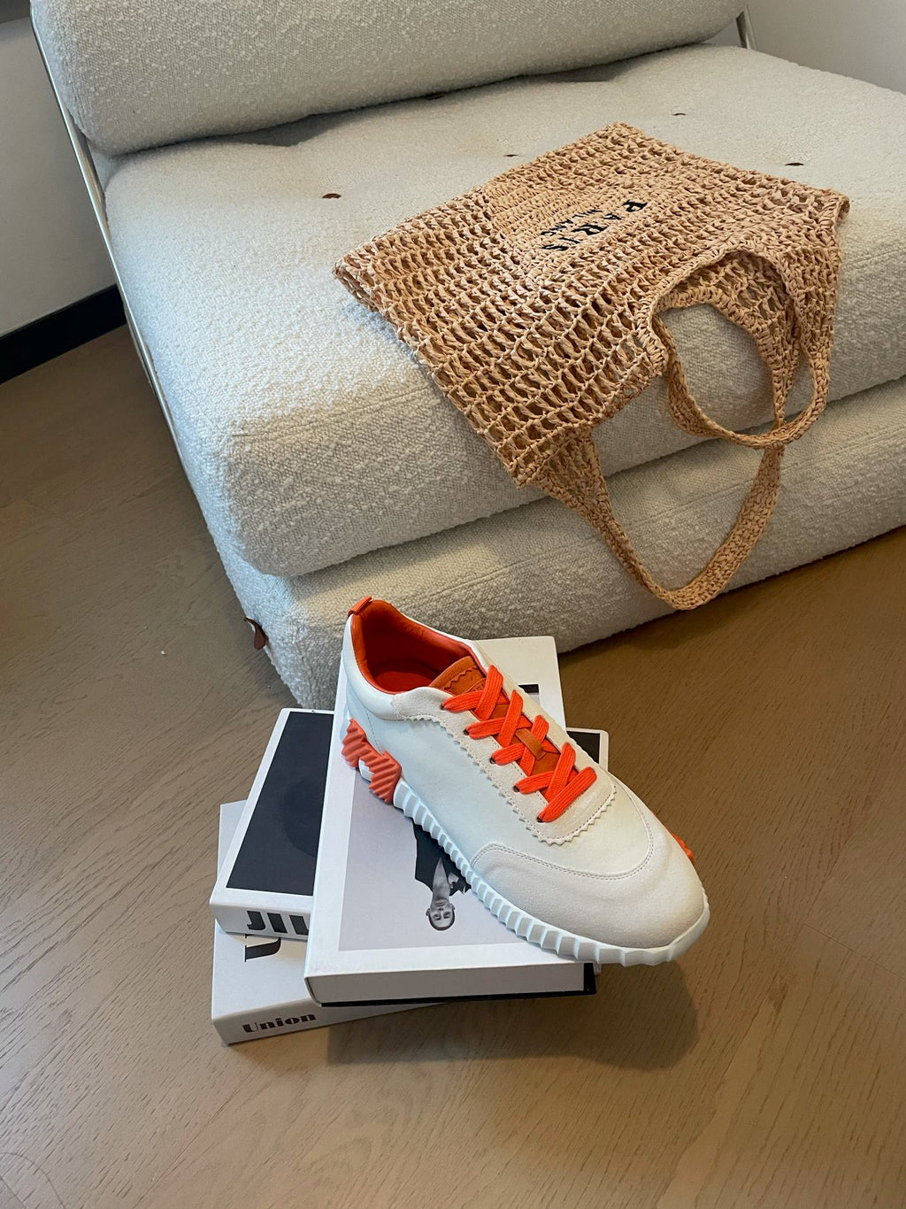 HERMES BOUNCING SNEAKERS WHITE CALFSKIN WITH ORANGE LACES