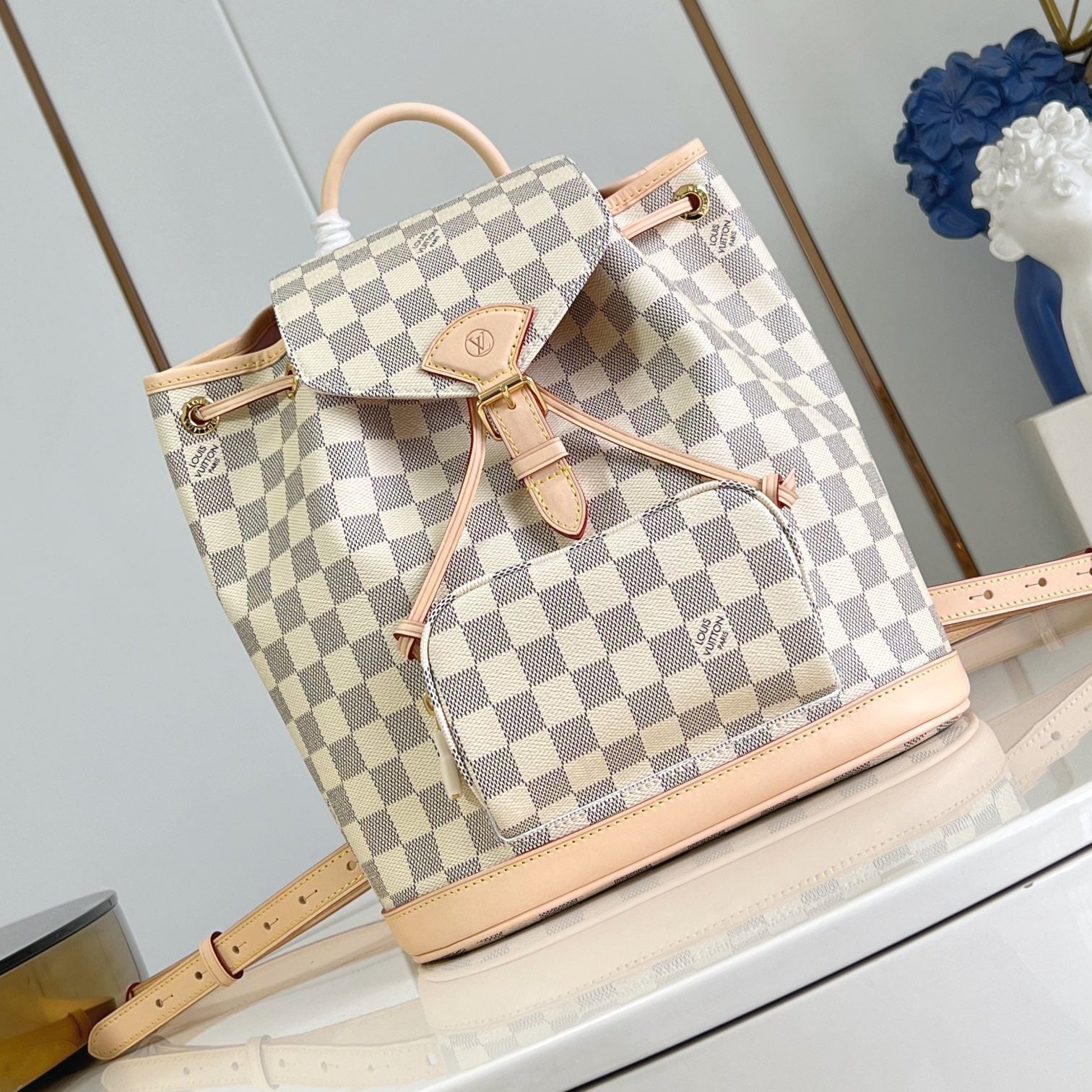 LOUIS VUITTON MONTSOURIS BACKPACK PM 30 IN WHITE GREY CHECKERBOARD PATTERN DAMIER AZUR COATED CANVAS