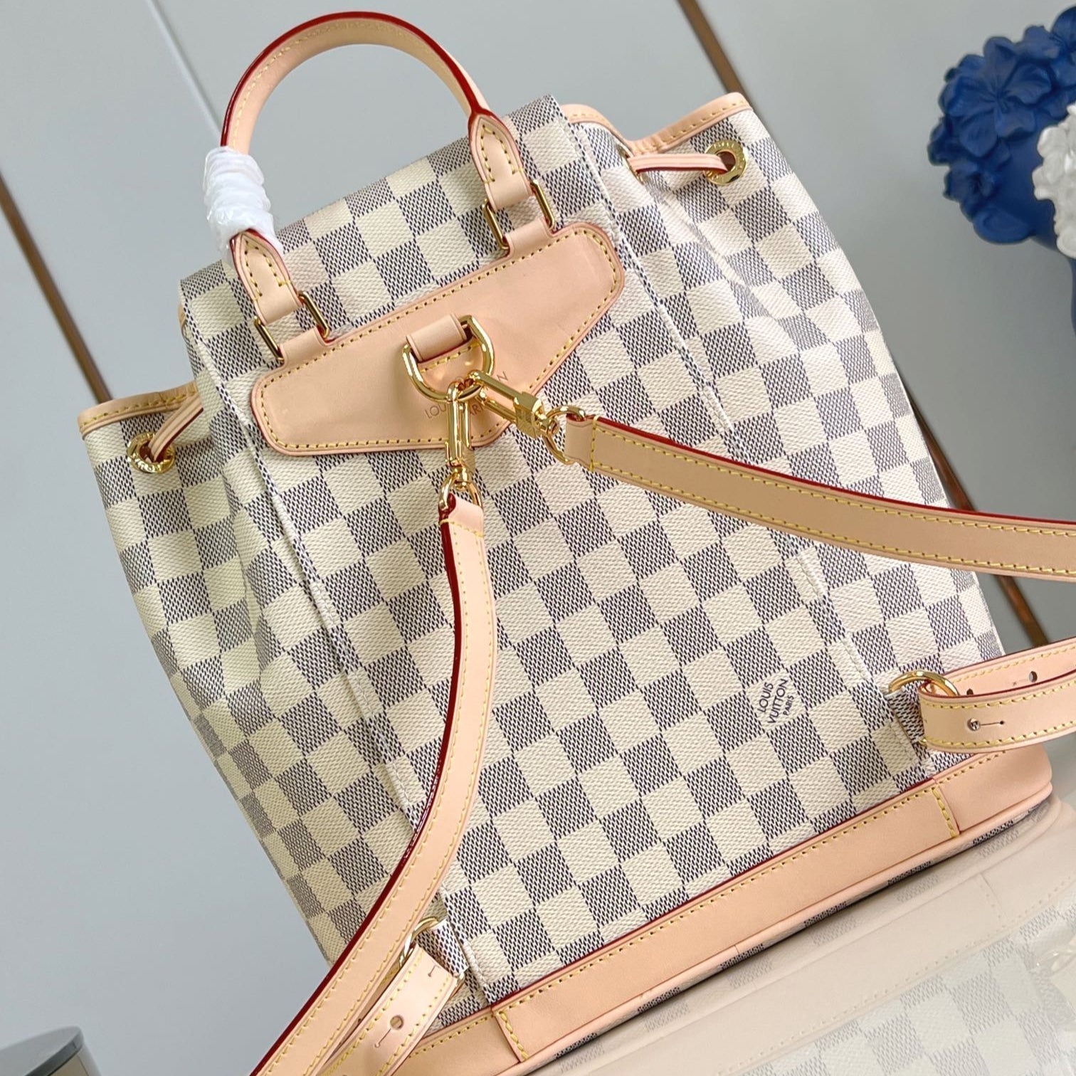 LOUIS VUITTON MONTSOURIS BACKPACK PM 30 IN WHITE GREY CHECKERBOARD PATTERN DAMIER AZUR COATED CANVAS