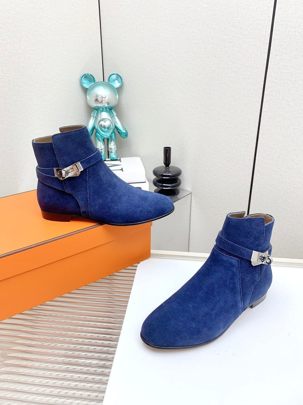 HERMES WOMEN'S NEO ANKLE BOOT IN COBALT BLUE SUEDE