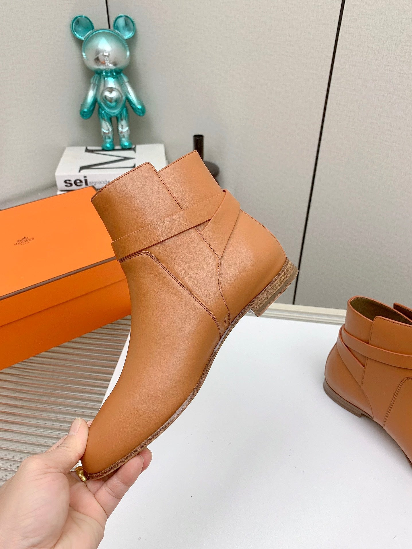 HERMES WOMEN'S NEO ANKLE BOOT IN BRONZE BROWN CALFSKIN
