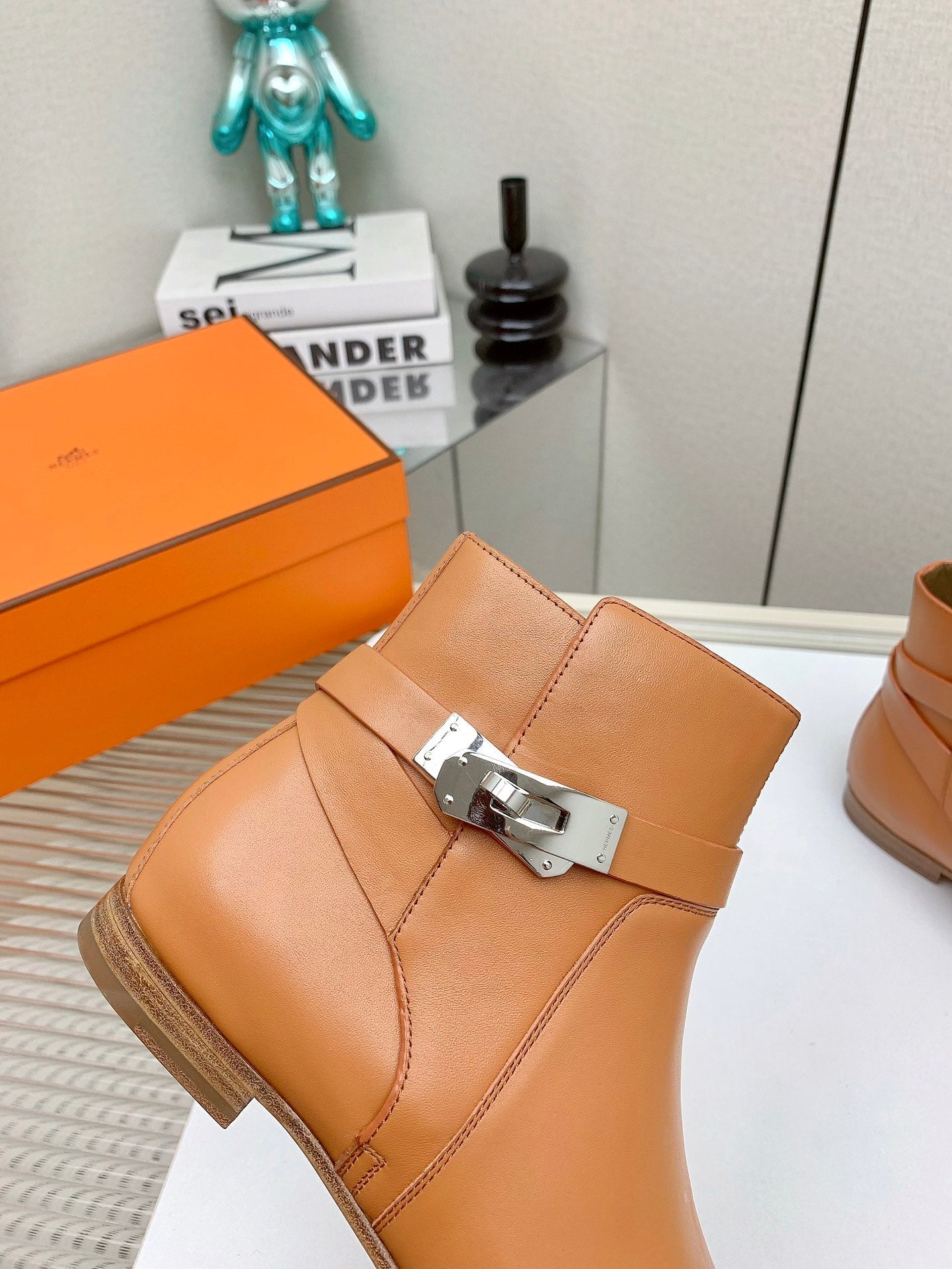 HERMES WOMEN'S NEO ANKLE BOOT IN BRONZE BROWN CALFSKIN