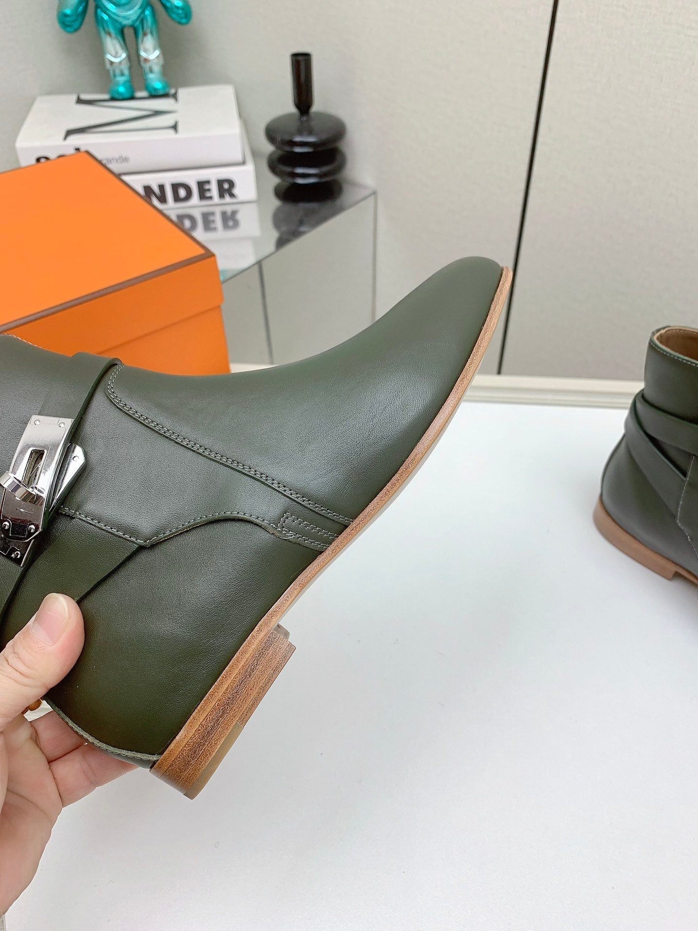HERMES WOMEN'S NEO ANKLE BOOT IN ARMY GREEN CALFSKIN