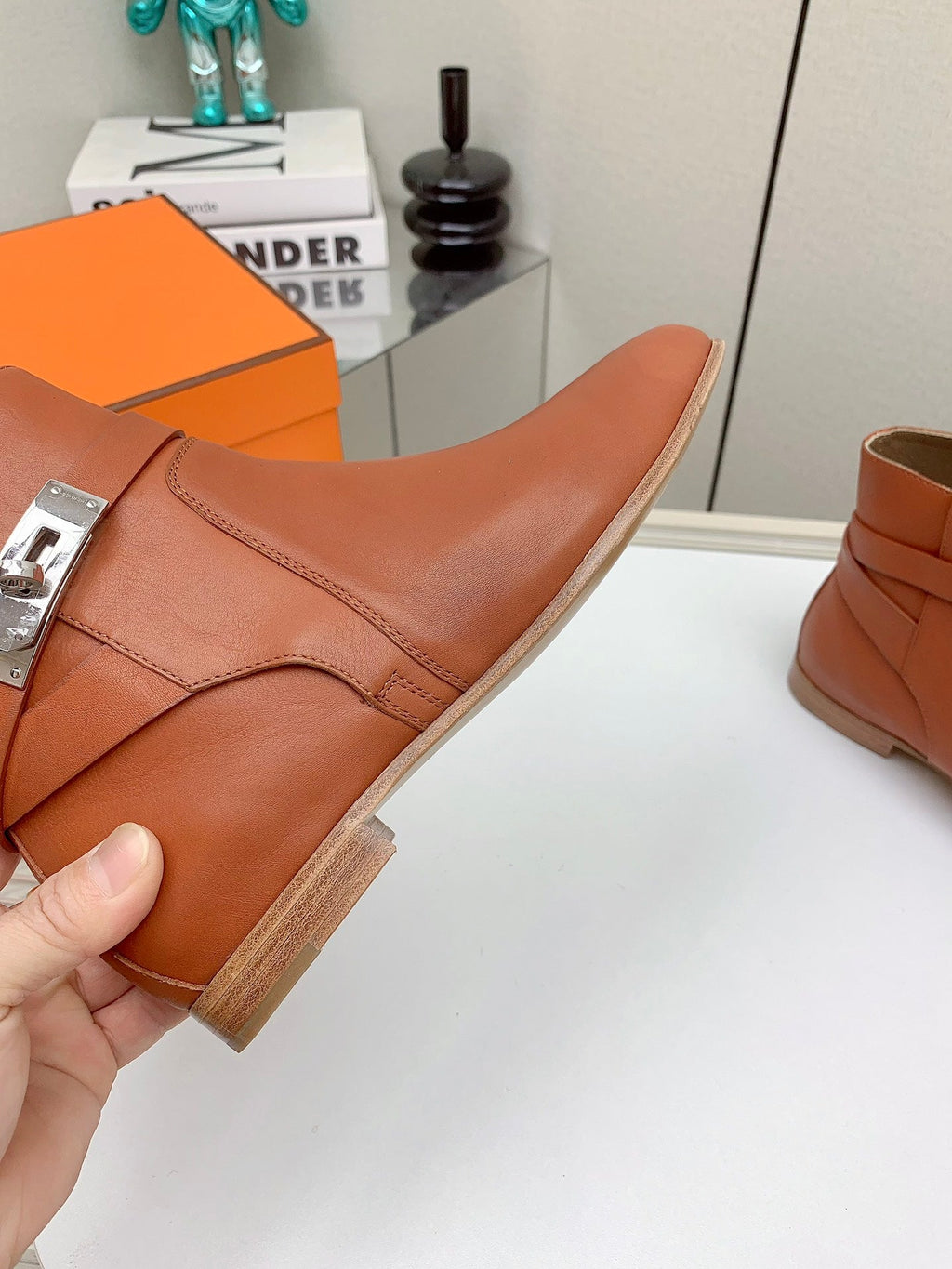 HERMES WOMEN'S NEO ANKLE BOOT IN ALLOY ORANGE CALFSKIN