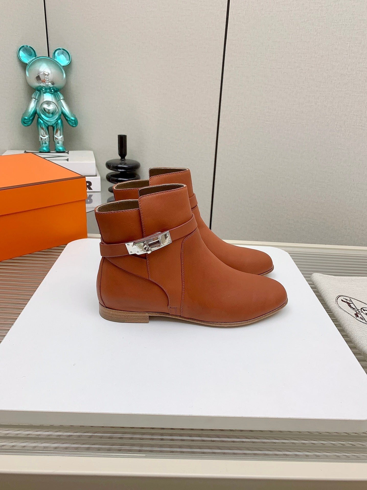 HERMES WOMEN'S NEO ANKLE BOOT IN ALLOY ORANGE CALFSKIN