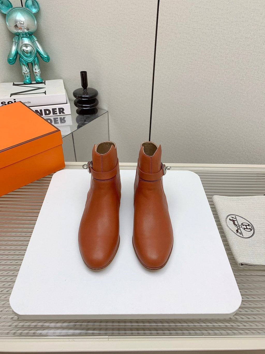 HERMES WOMEN'S NEO ANKLE BOOT IN ALLOY ORANGE CALFSKIN