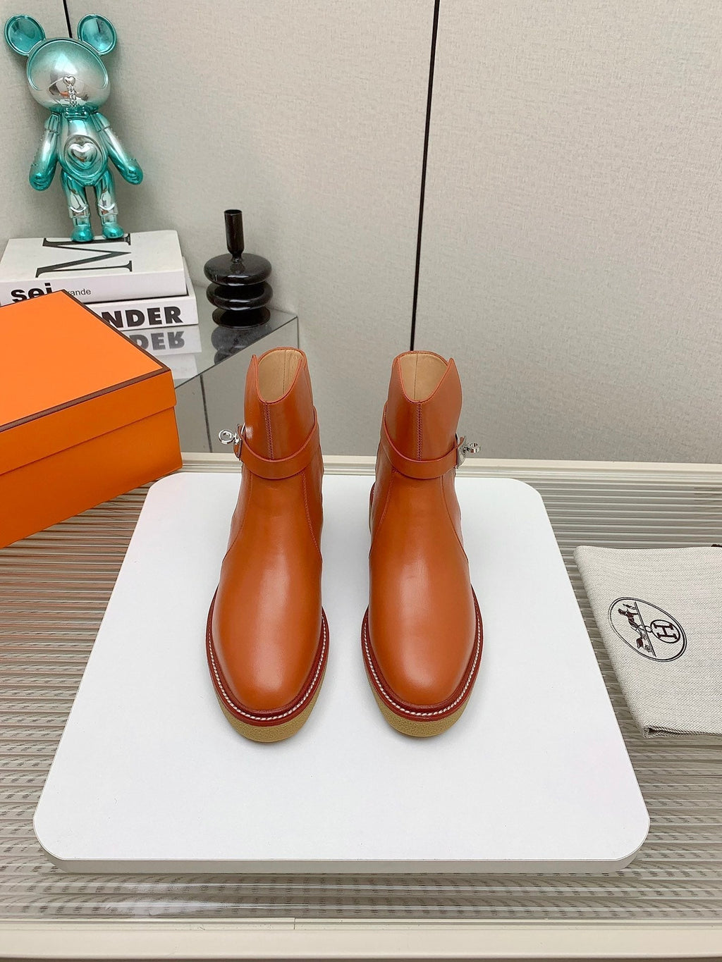HERMES BOTINES HISTORY BOOTS IN SALAMANDER ORANGE CALFSKIN