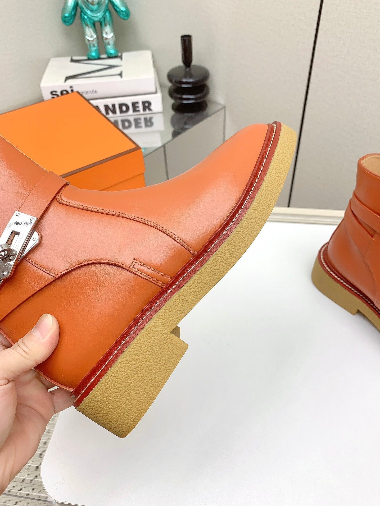 HERMES BOTINES HISTORY BOOTS IN SALAMANDER ORANGE CALFSKIN