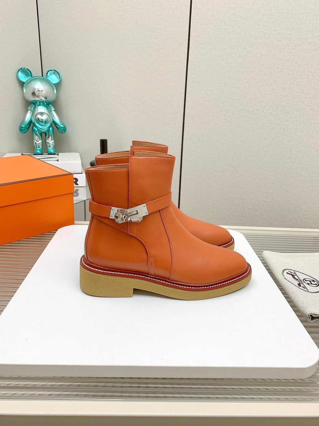 HERMES BOTINES HISTORY BOOTS IN SALAMANDER ORANGE CALFSKIN