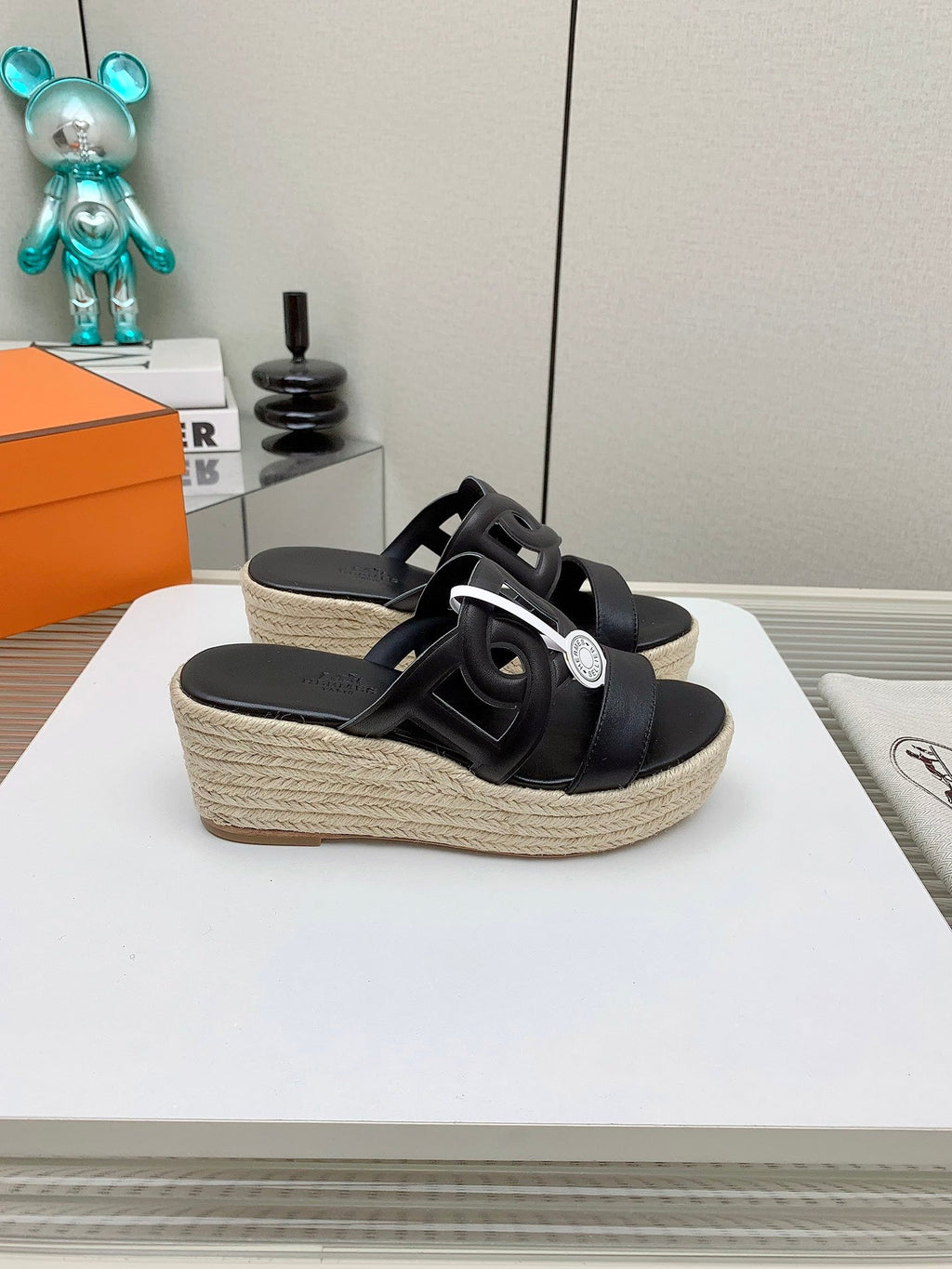 HERMES ITHEA 85 MM ESPADRILLE IN BLACK CALFSKIN