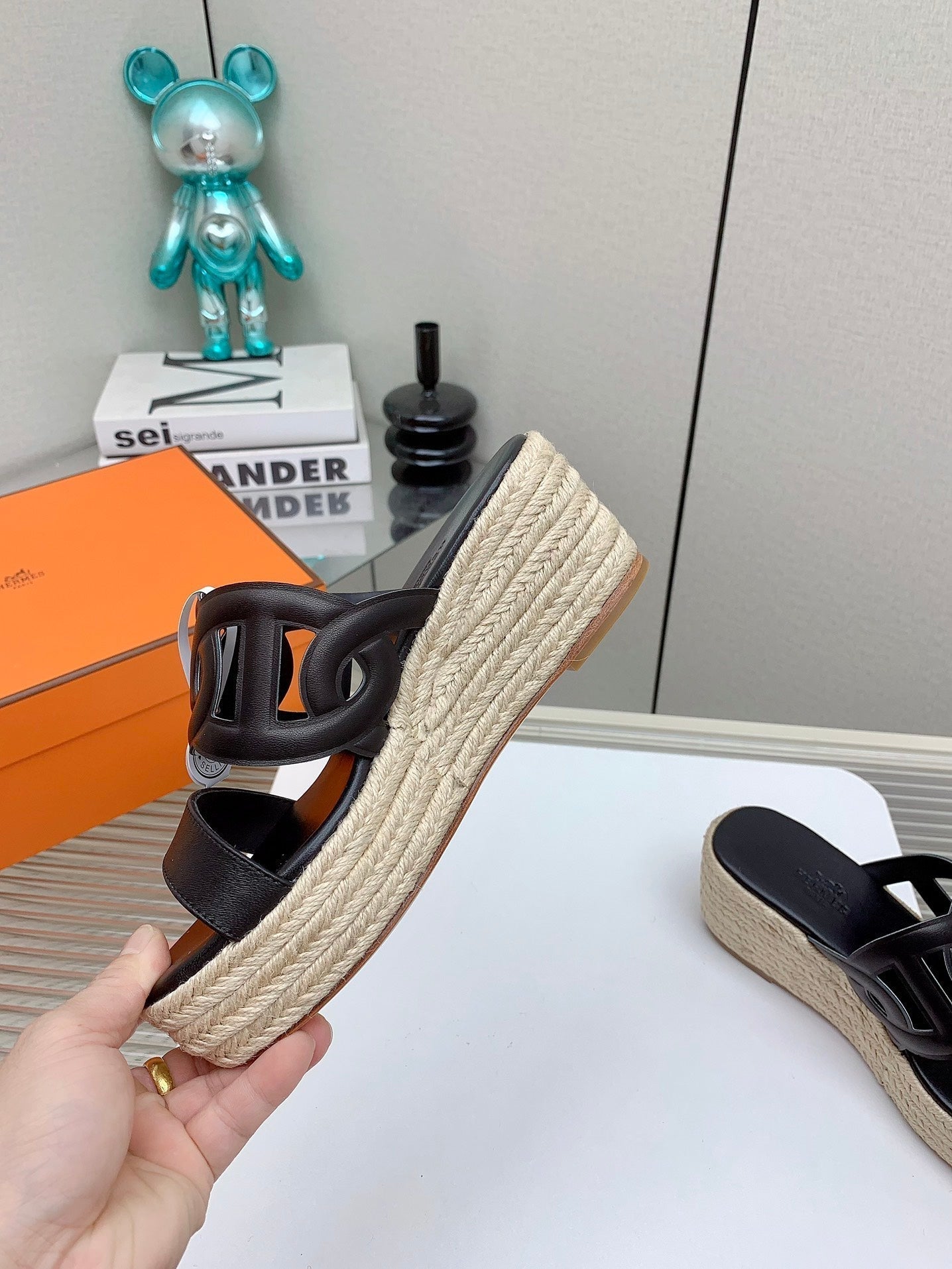 HERMES ITHEA 85 MM ESPADRILLE IN BLACK CALFSKIN