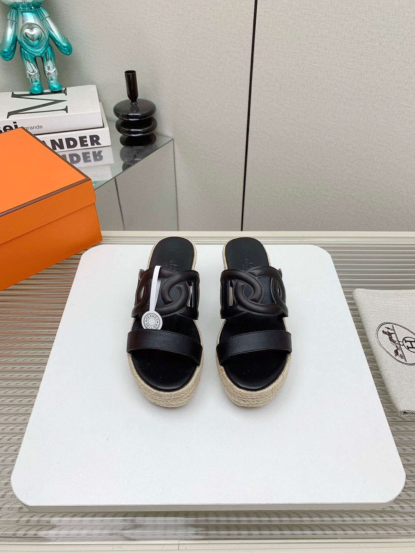 HERMES ITHEA 85 MM ESPADRILLE IN BLACK CALFSKIN
