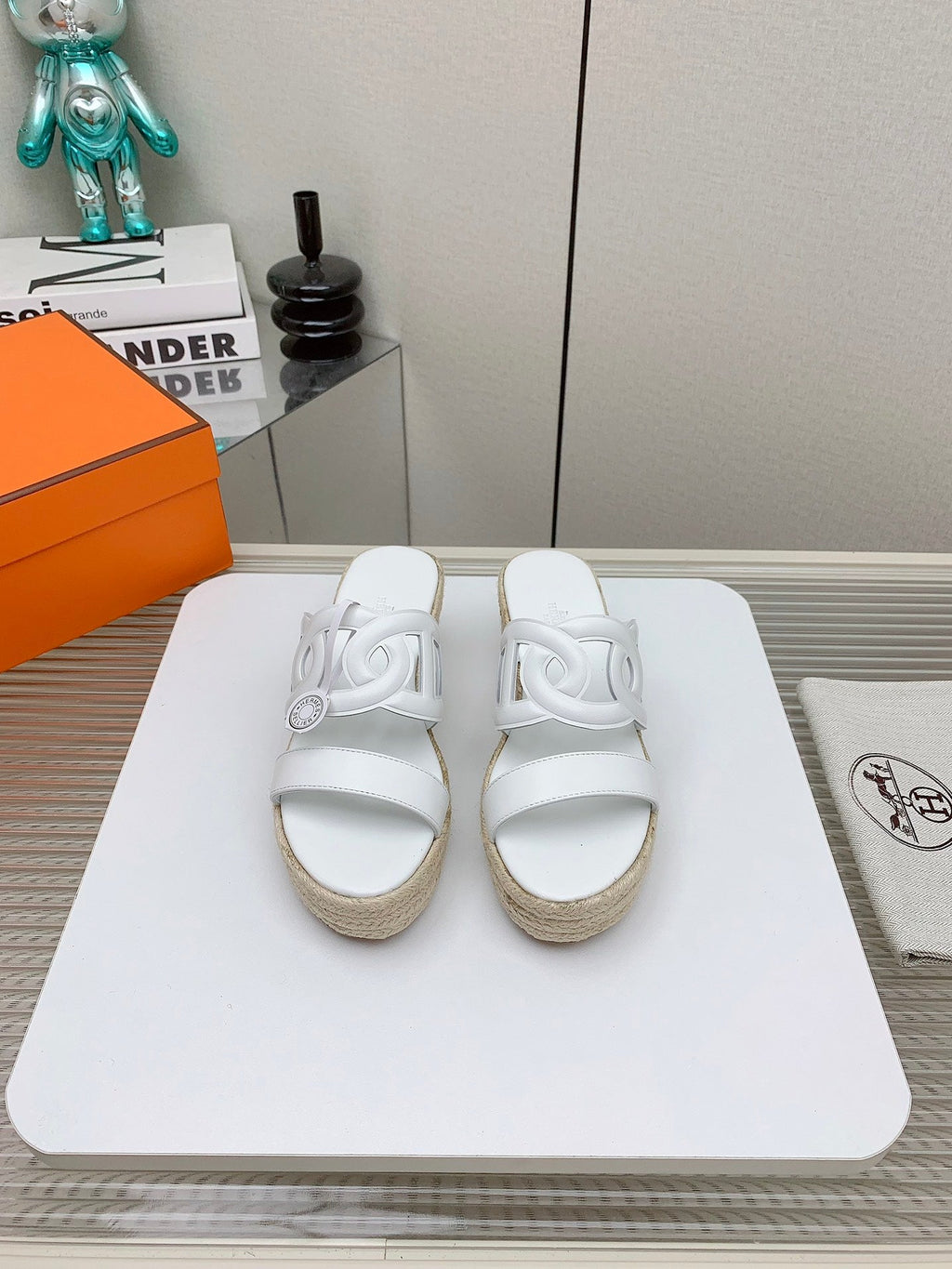HERMES ITHEA 85 MM ESPADRILLE IN WHITE CALFSKIN