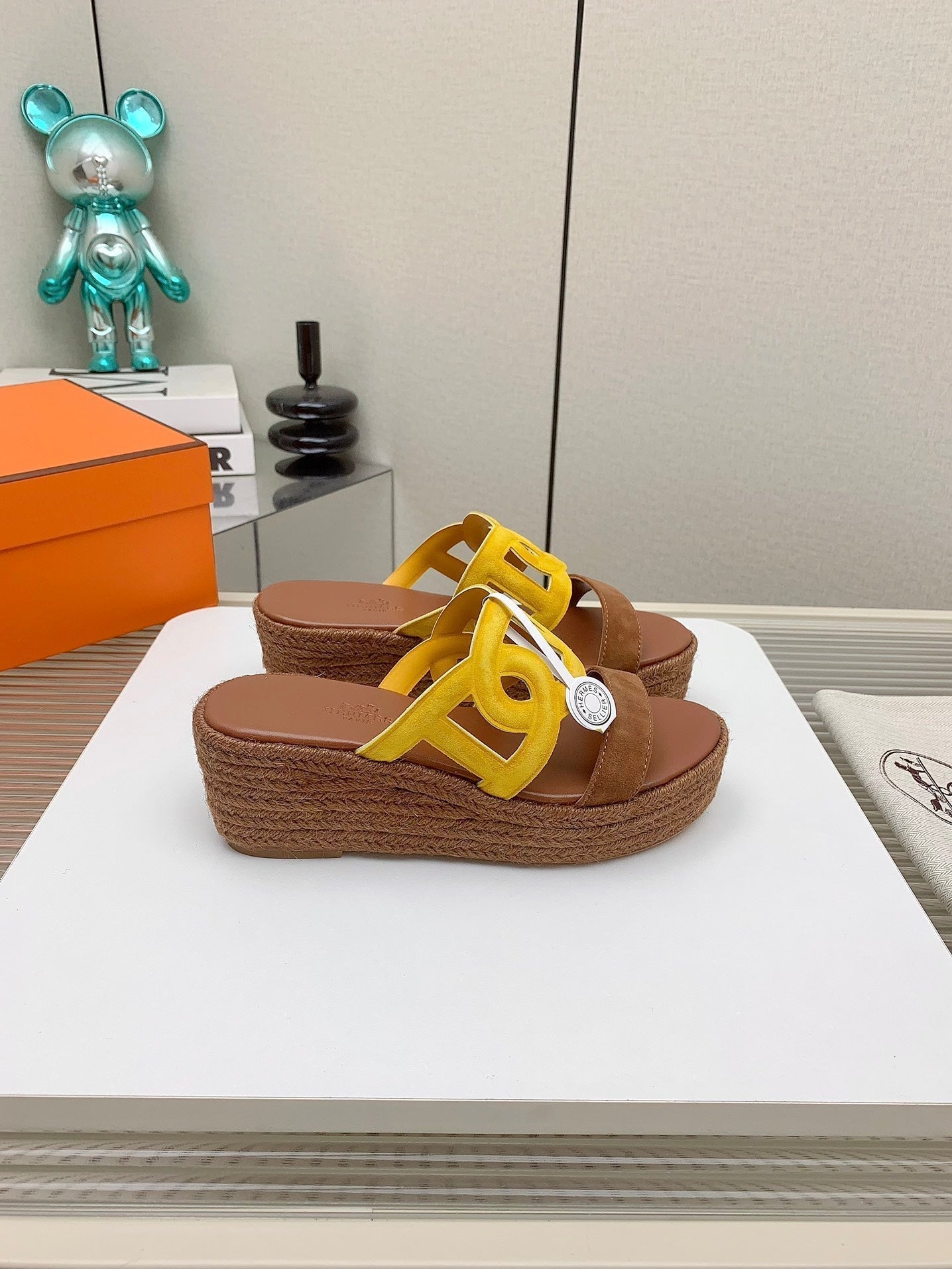 HERMES ITHEA 85 MM ESPADRILLE IN BRONZE BROWN AND AMBER YELLOW SUEDE