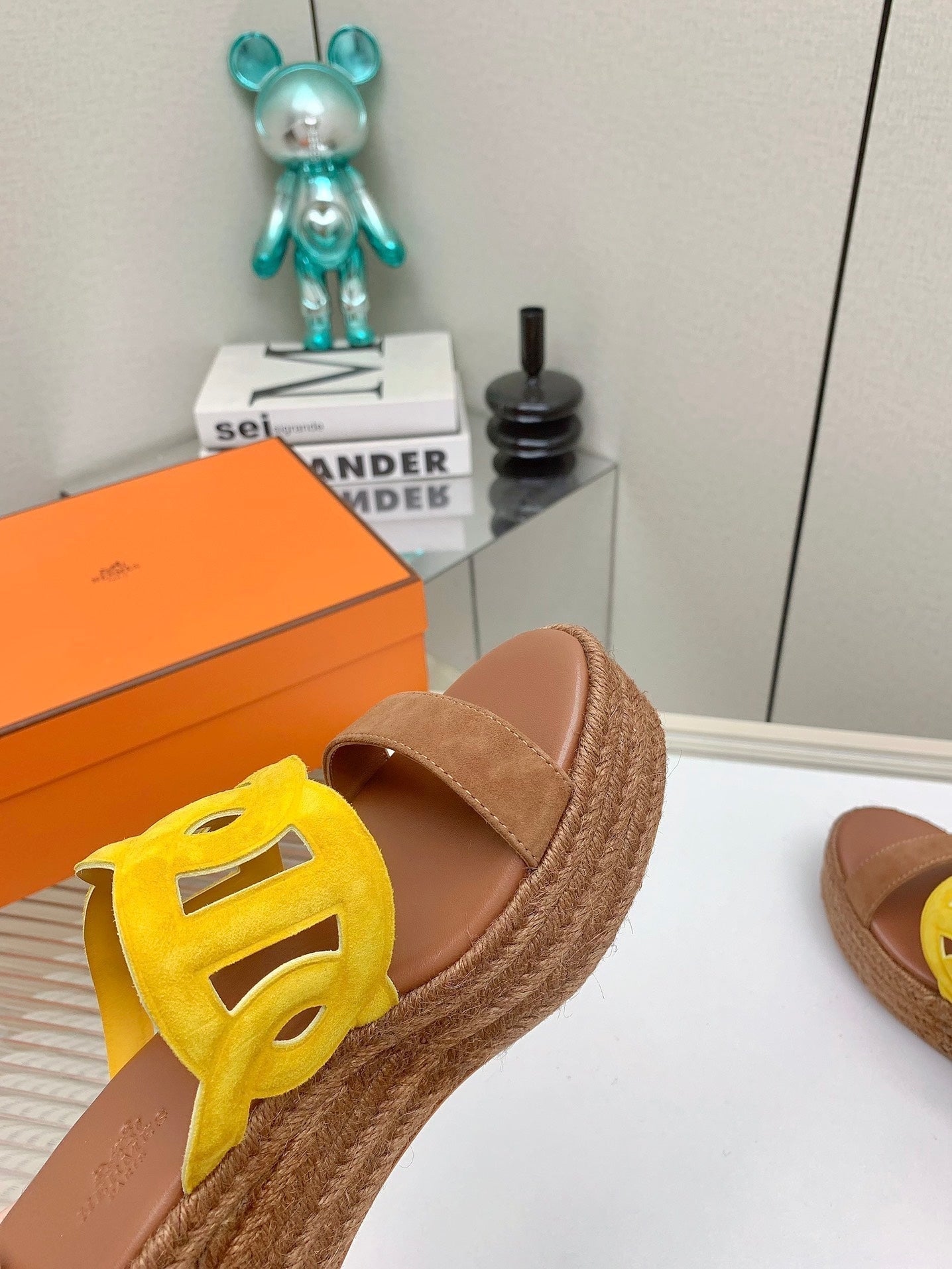 HERMES ITHEA 85 MM ESPADRILLE IN BRONZE BROWN AND AMBER YELLOW SUEDE
