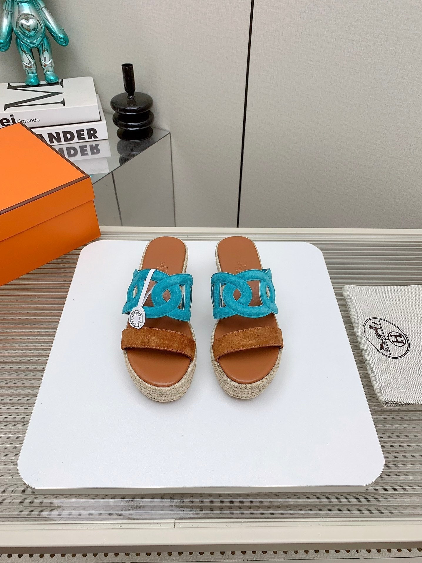 HERMES ITHEA 85 MM ESPADRILLE IN BRONZE BROWN AND CERULEAN BLUE SUEDE
