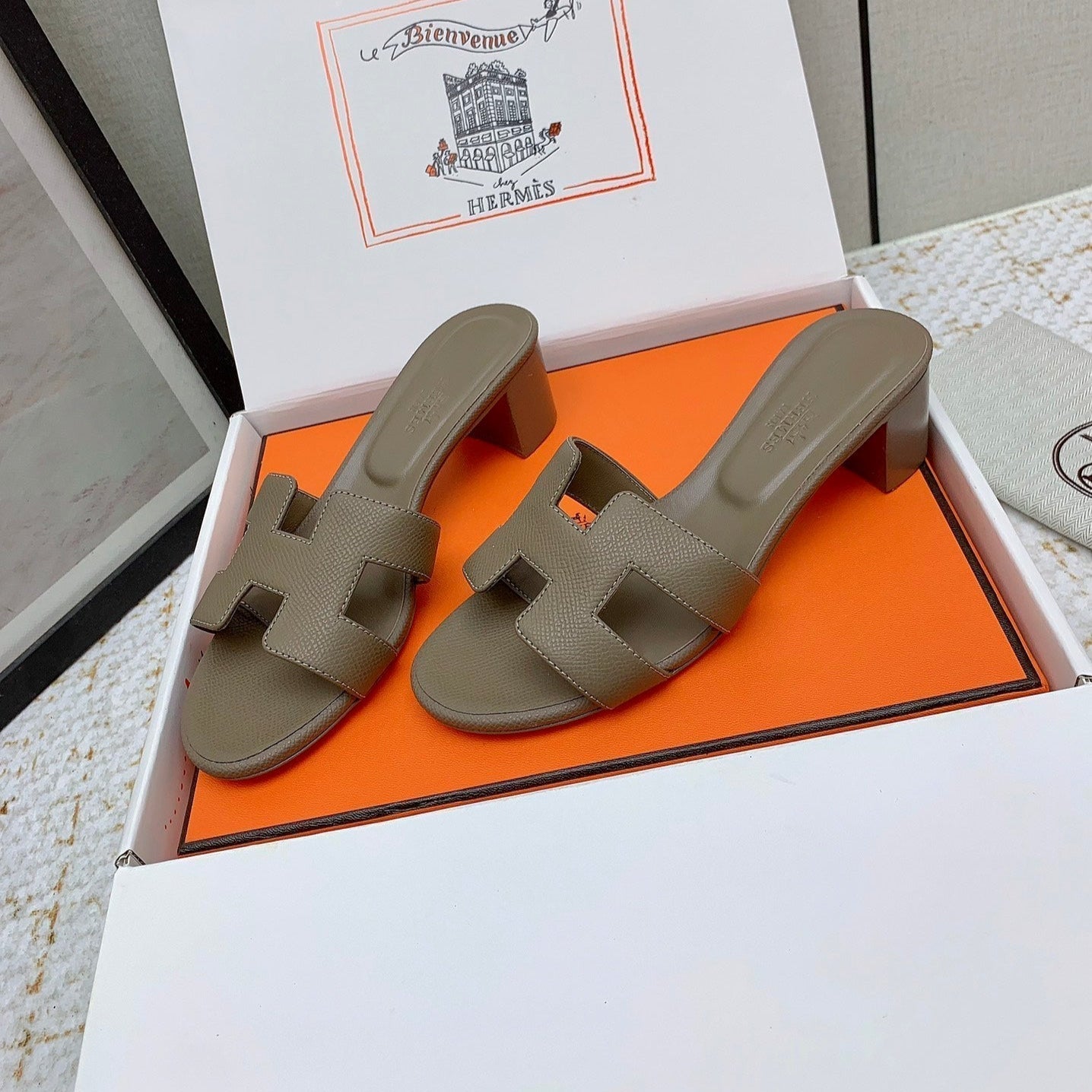 HERMES OASIS SANDAL HEEL 50MM IN TAUPE BROWN CALFSKIN