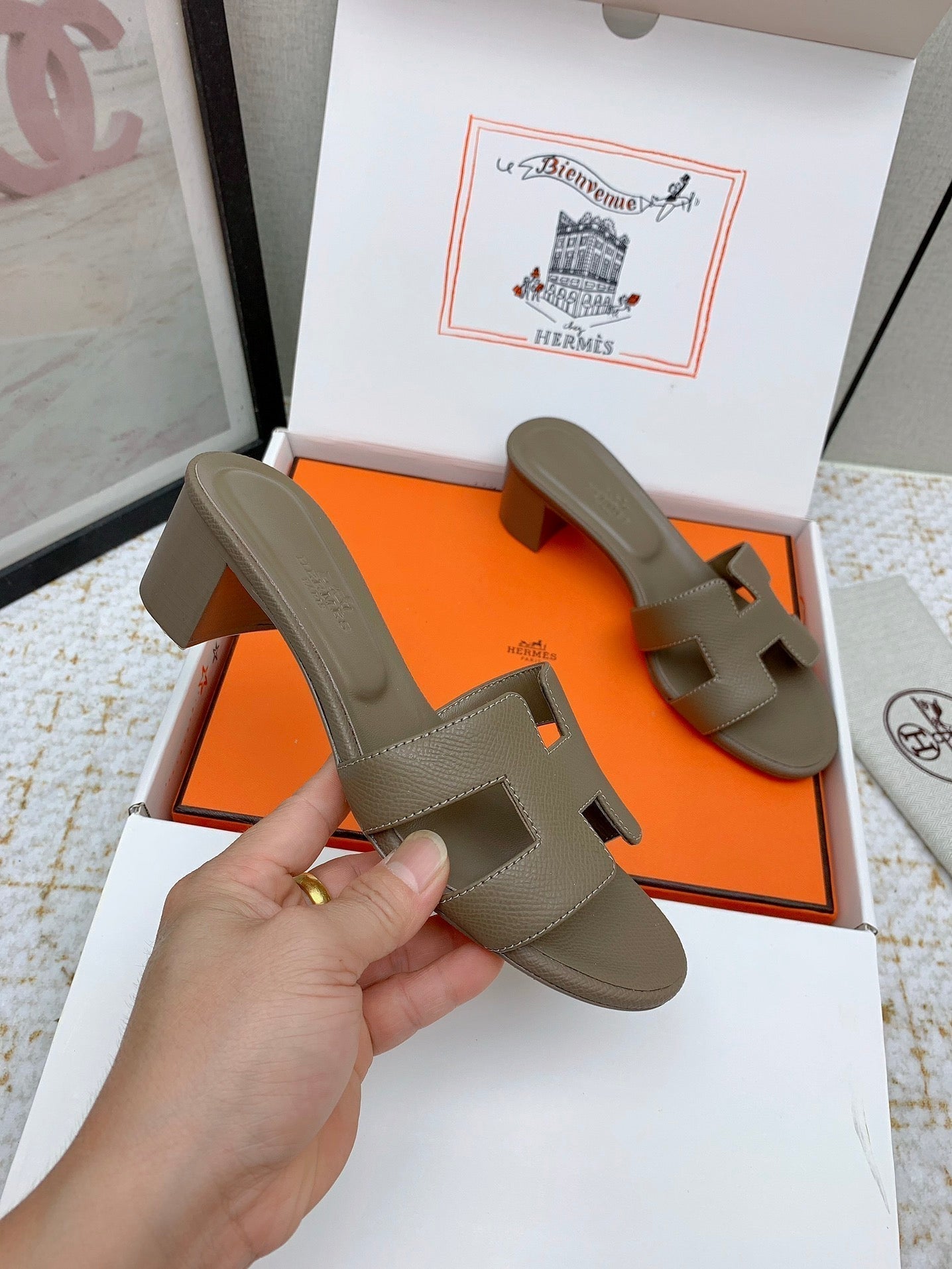 HERMES OASIS SANDAL HEEL 50MM IN TAUPE BROWN CALFSKIN