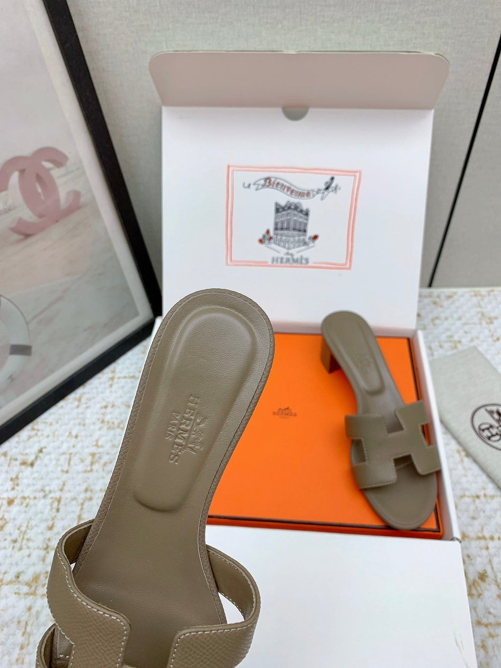 HERMES OASIS SANDAL HEEL 50MM IN TAUPE BROWN CALFSKIN