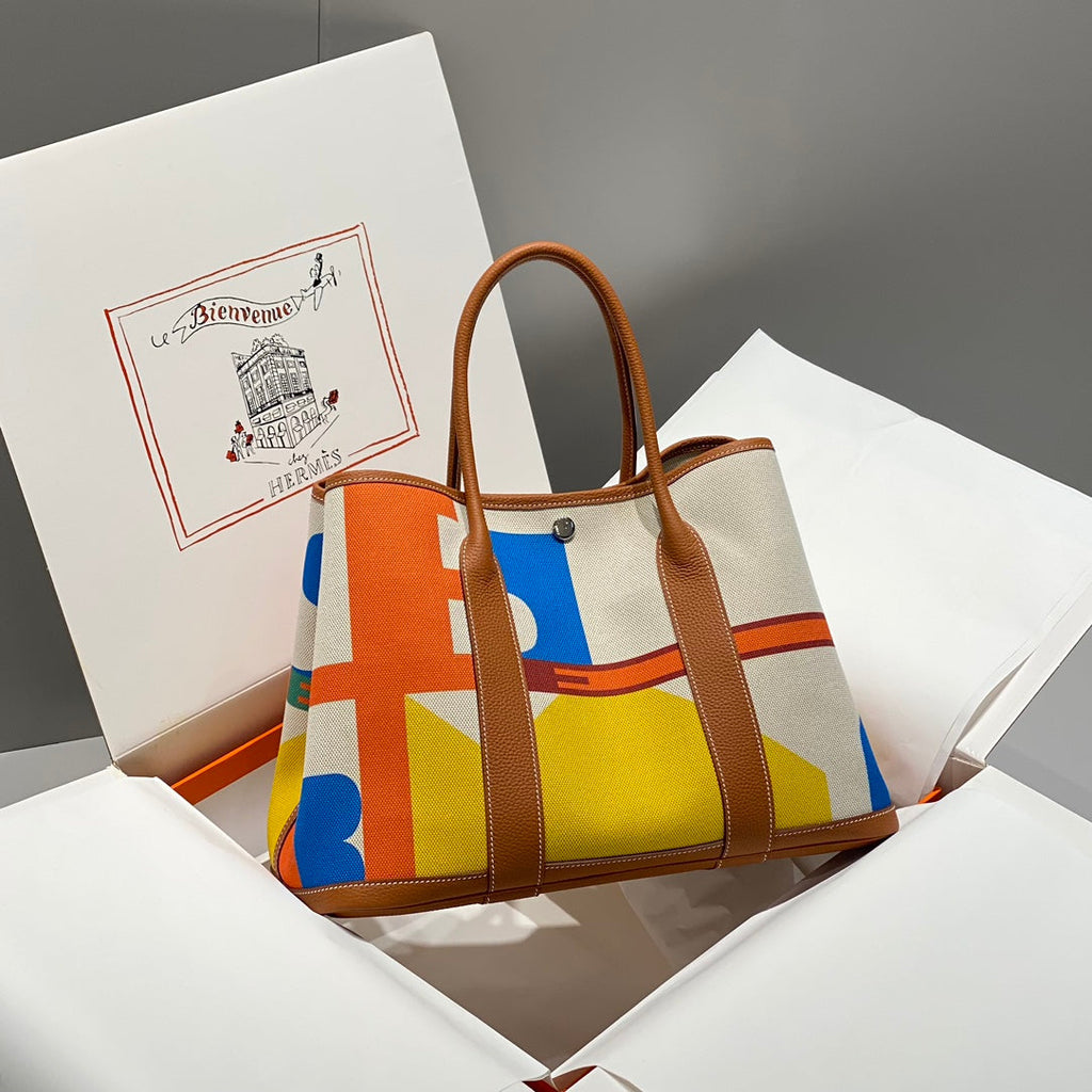 HERMES GARDEN PARTY 36 IN VIBRANT TOILE H CANVAS GOLD CALFSKIN ABSTRACT BLOCKS PRINT