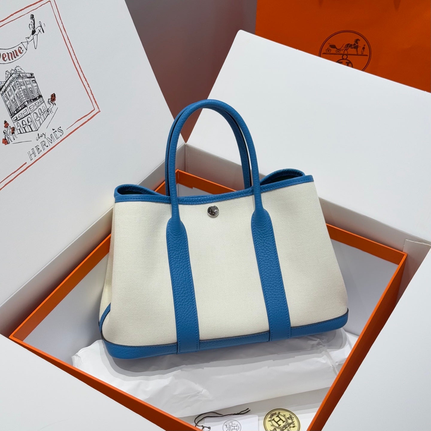 HERMES GARDEN PARTY 30CM IN WHITE TOILETS COTTON CANVAS AND BLUE CALFSKIN GREEN ON SIDE OTHER
