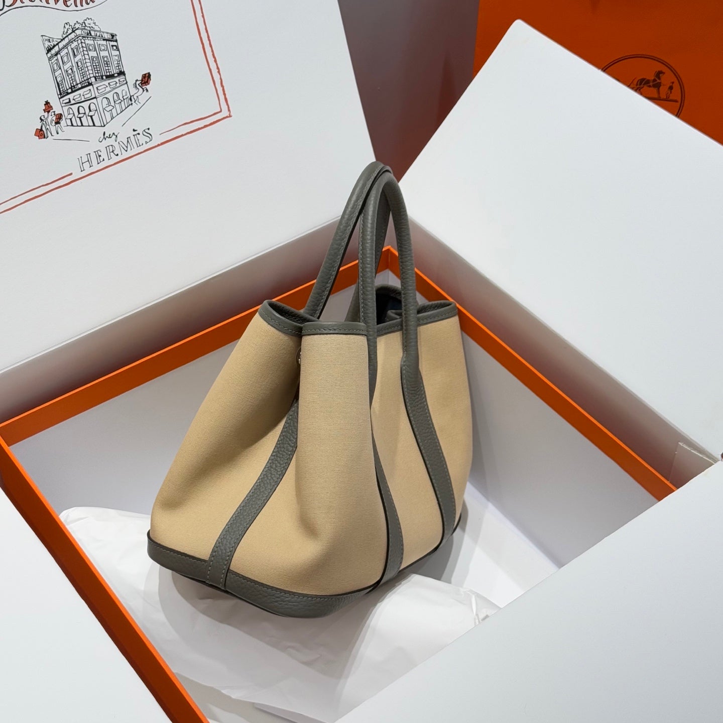 HERMES GARDEN PARTY 30CM IN DARK BEIGE TOILETS COTTON CANVAS AND GREY CALFSKIN