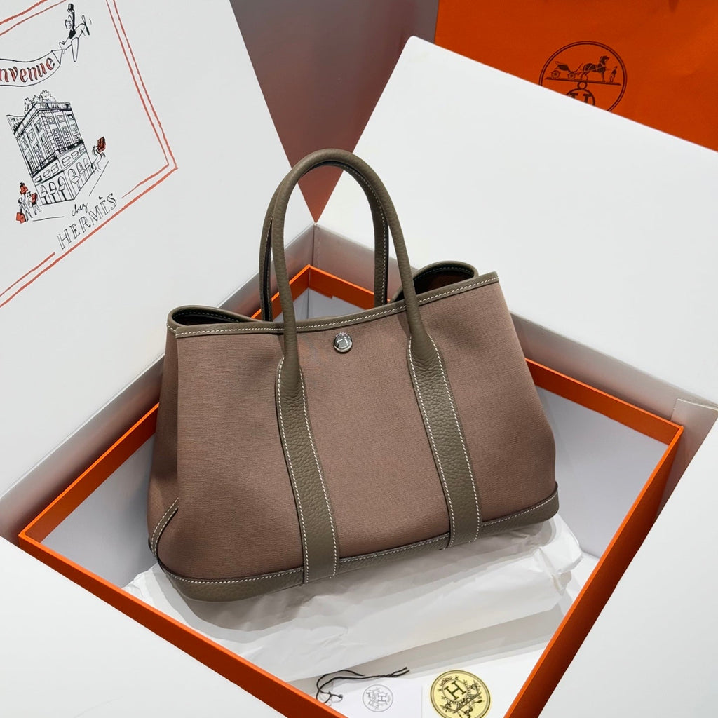HERMES GARDEN PARTY 30CM IN BROWN TOILETS COTTON CANVAS AND TOGO ETOUPE CALFSKIN