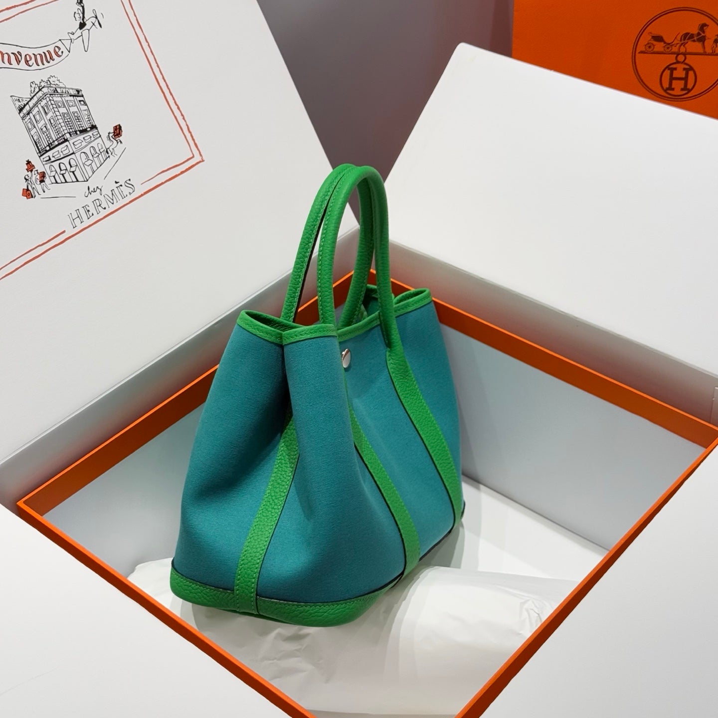 HERMES GARDEN PARTY 30CM IN CADMIUM GREEN TOILETS COTTON CANVAS AND GREEN CALFSKIN