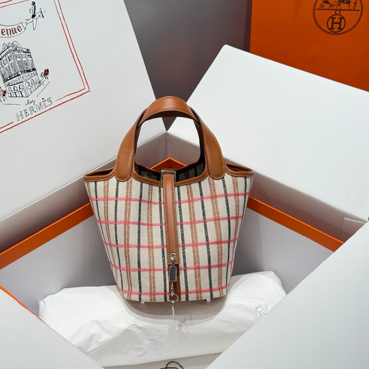 HERMES PICOTIN LOCK 18 BAG IN GOLD CALFSKIN ÉCRU/BEIGE/FAUVE/ROSE POP/NOIR EMBROIDERY PLAID CANVAS