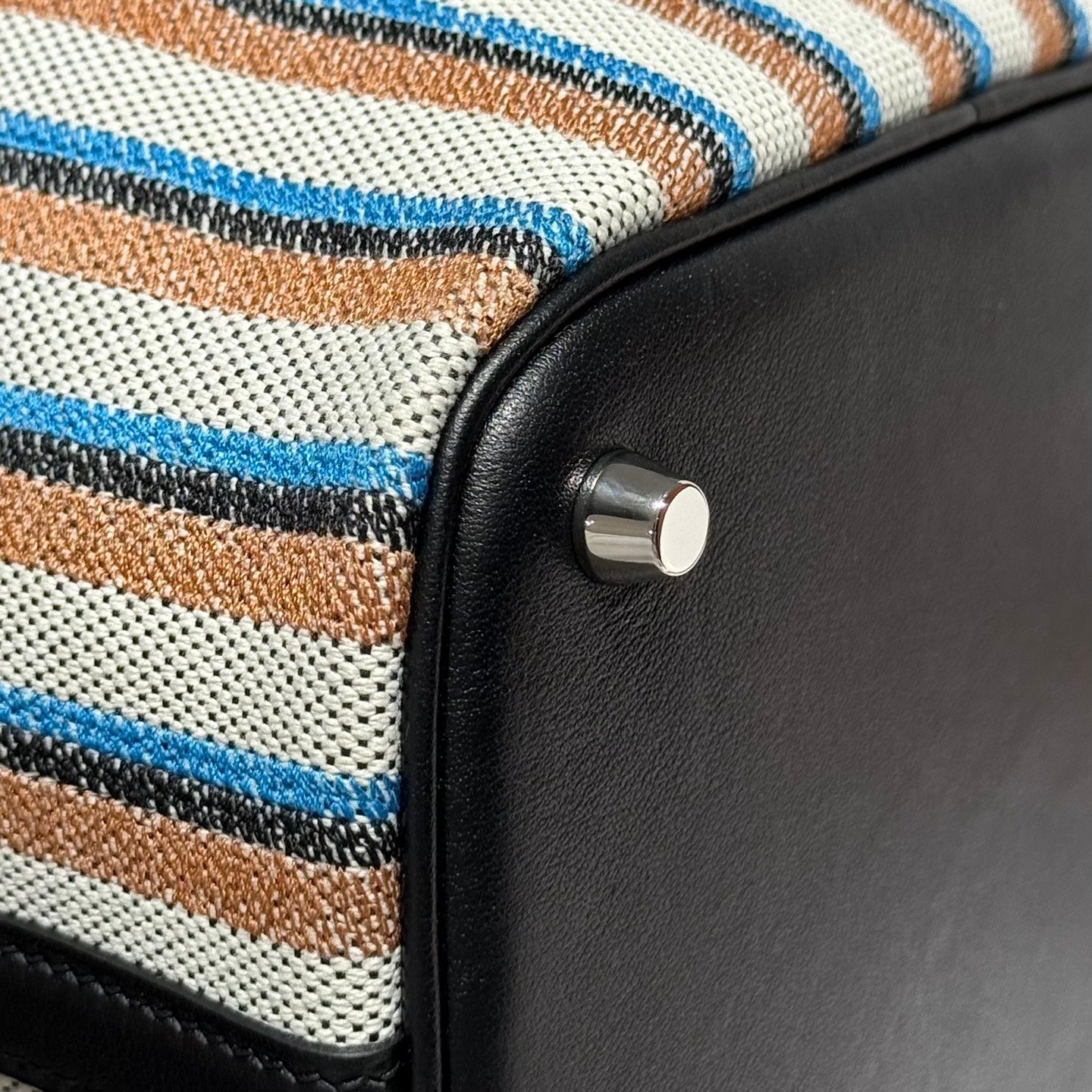 HERMES PICOTIN LOCK 18 BAG IN BLACK CALFSKIN ÉCRU/NOIR/FAUVE/NOIR/BLEU ZANZIBAR EMBROIDERY CANVAS
